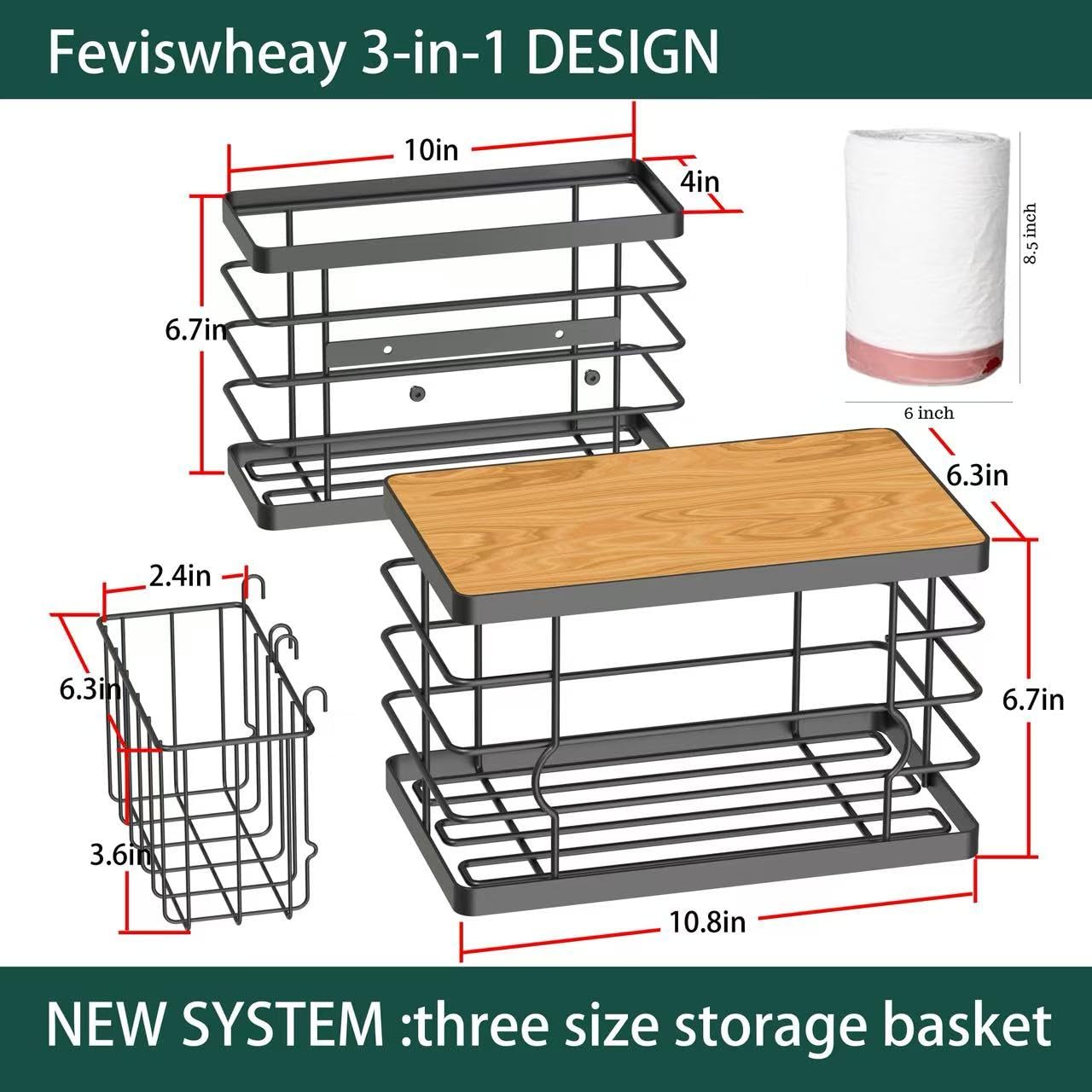 Small basket stores 4-5 plastic bag rolls under sink