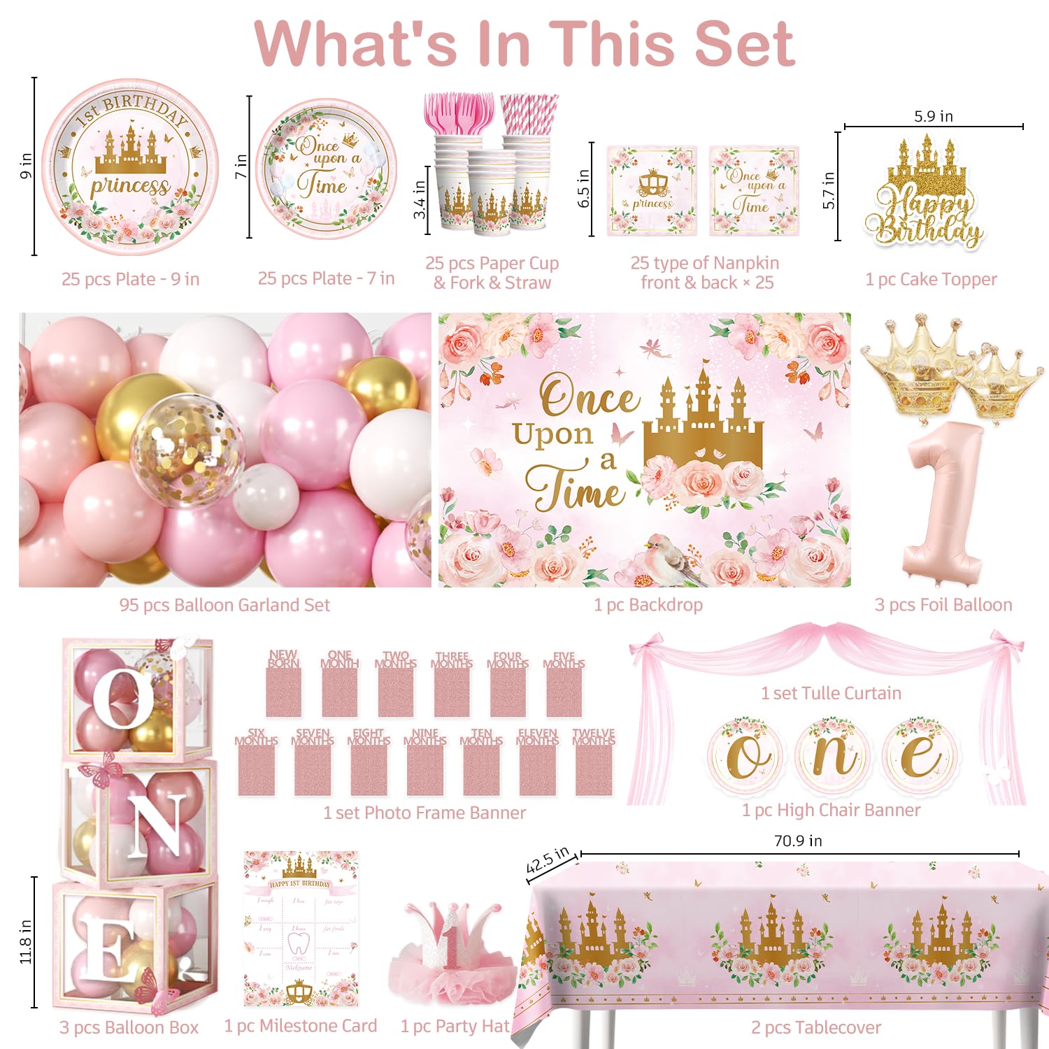 princess first birthday plates cups and napkins for 25 guests