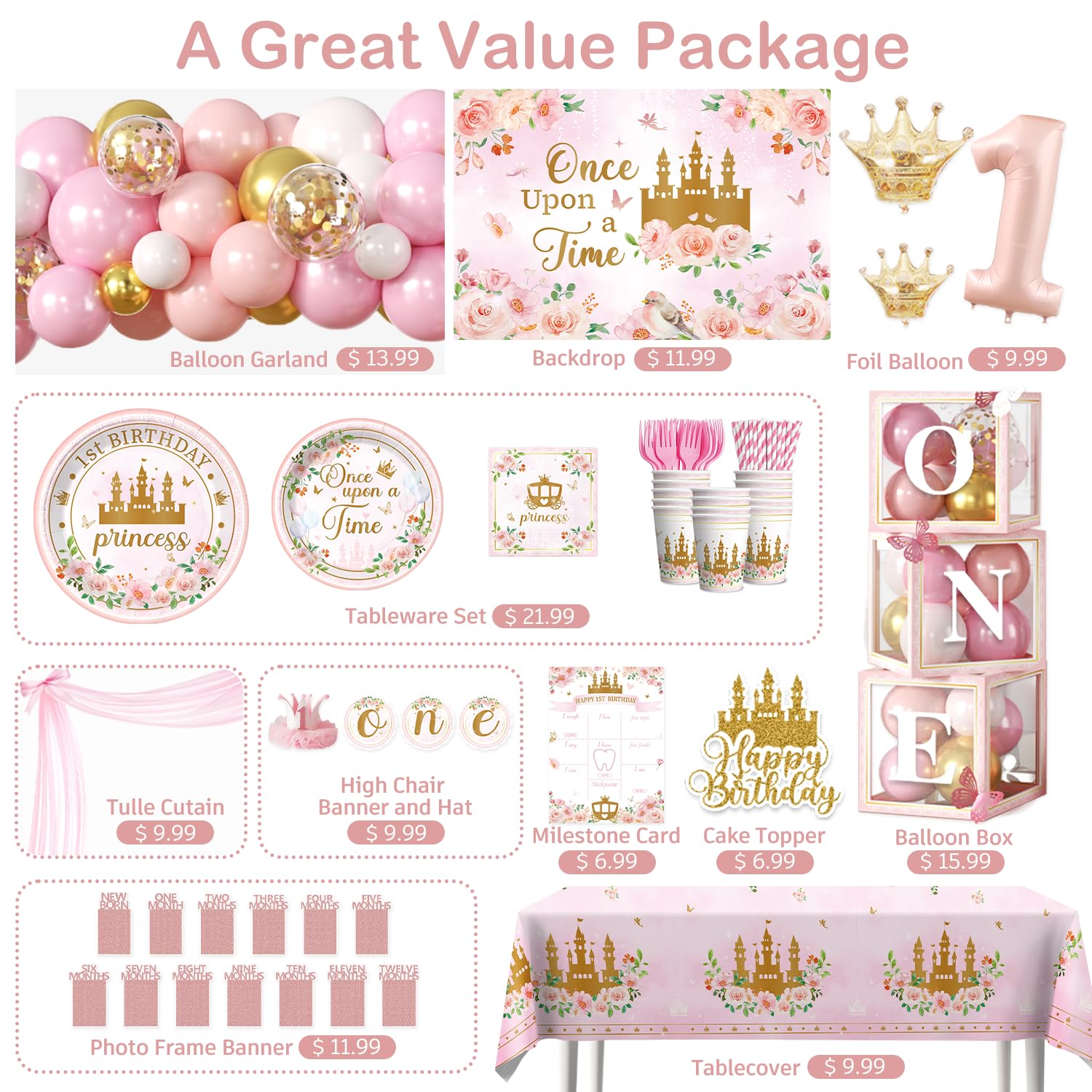 pink and gold once upon a time backdrop with pink tulle curtain