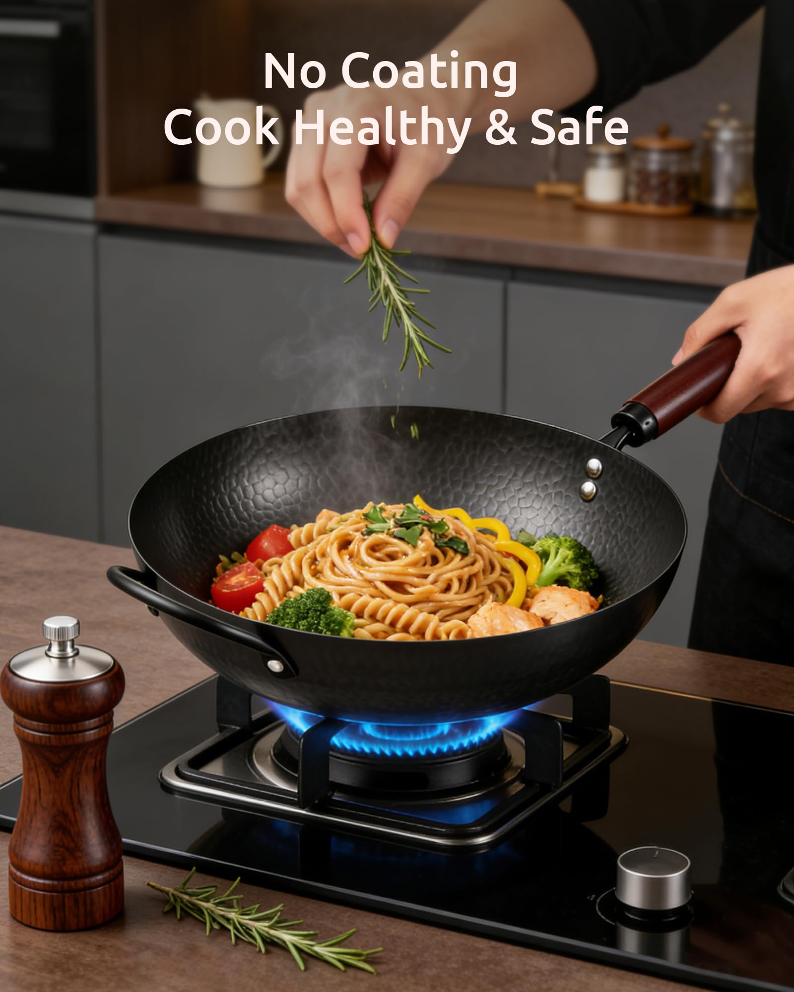 FGJ Wok Pan wooden lid included for heat retention
