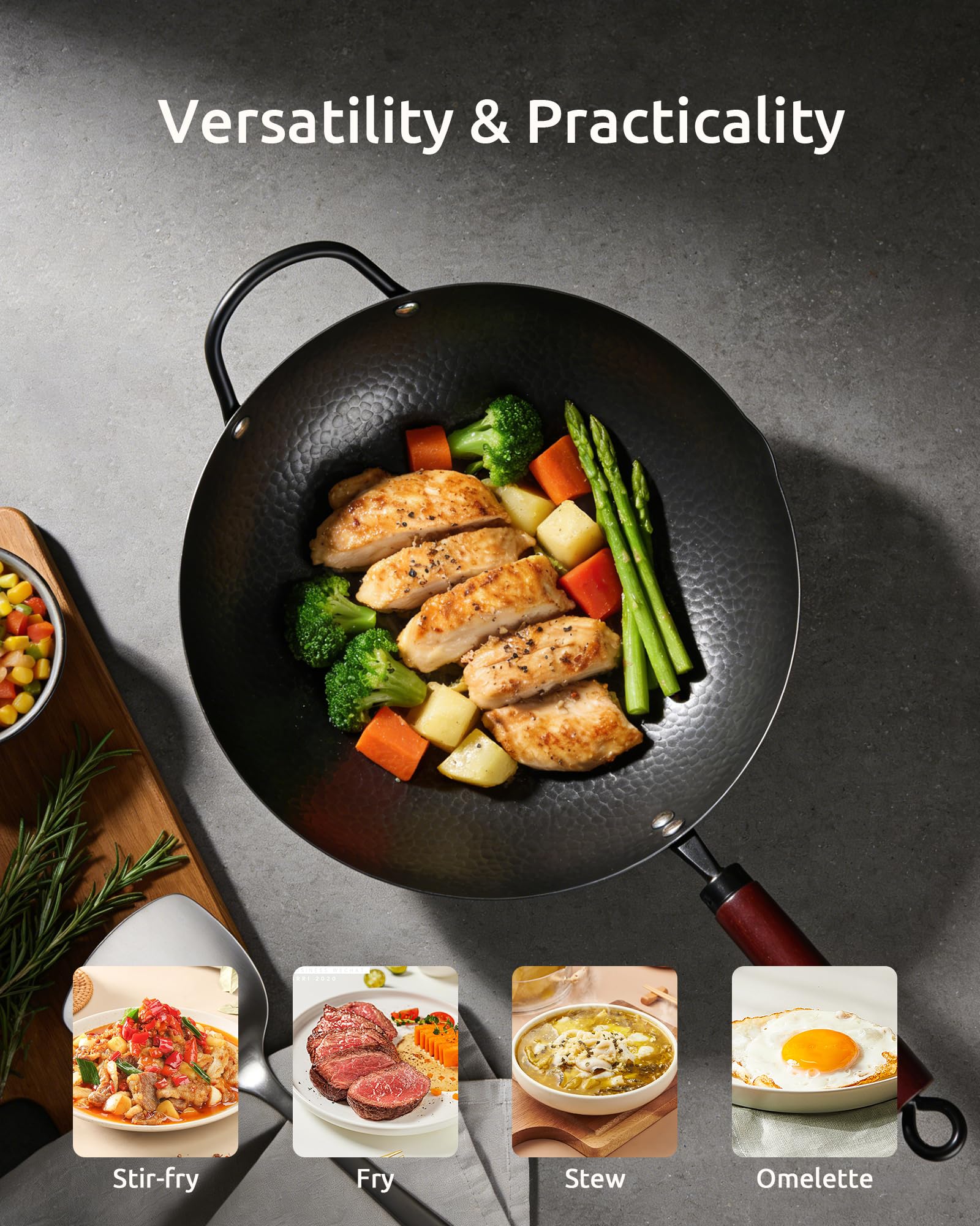 Durable carbon steel wok resists warping at high temperatures