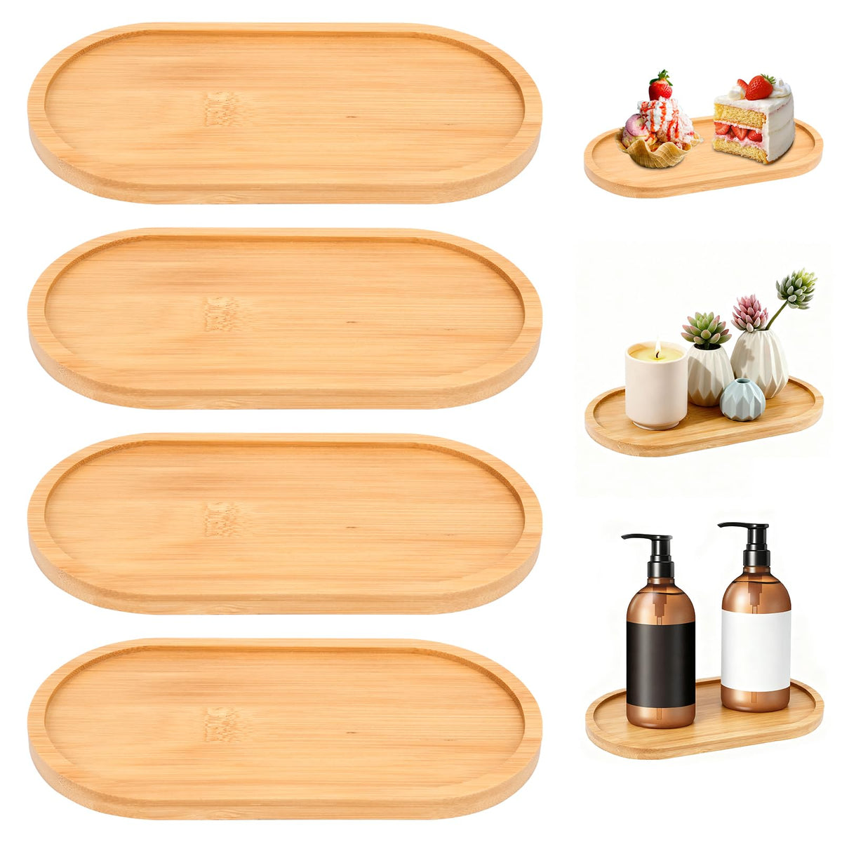 FHUIEWRY 4Pcs Bamboo Bathroom Trays on bathroom counter