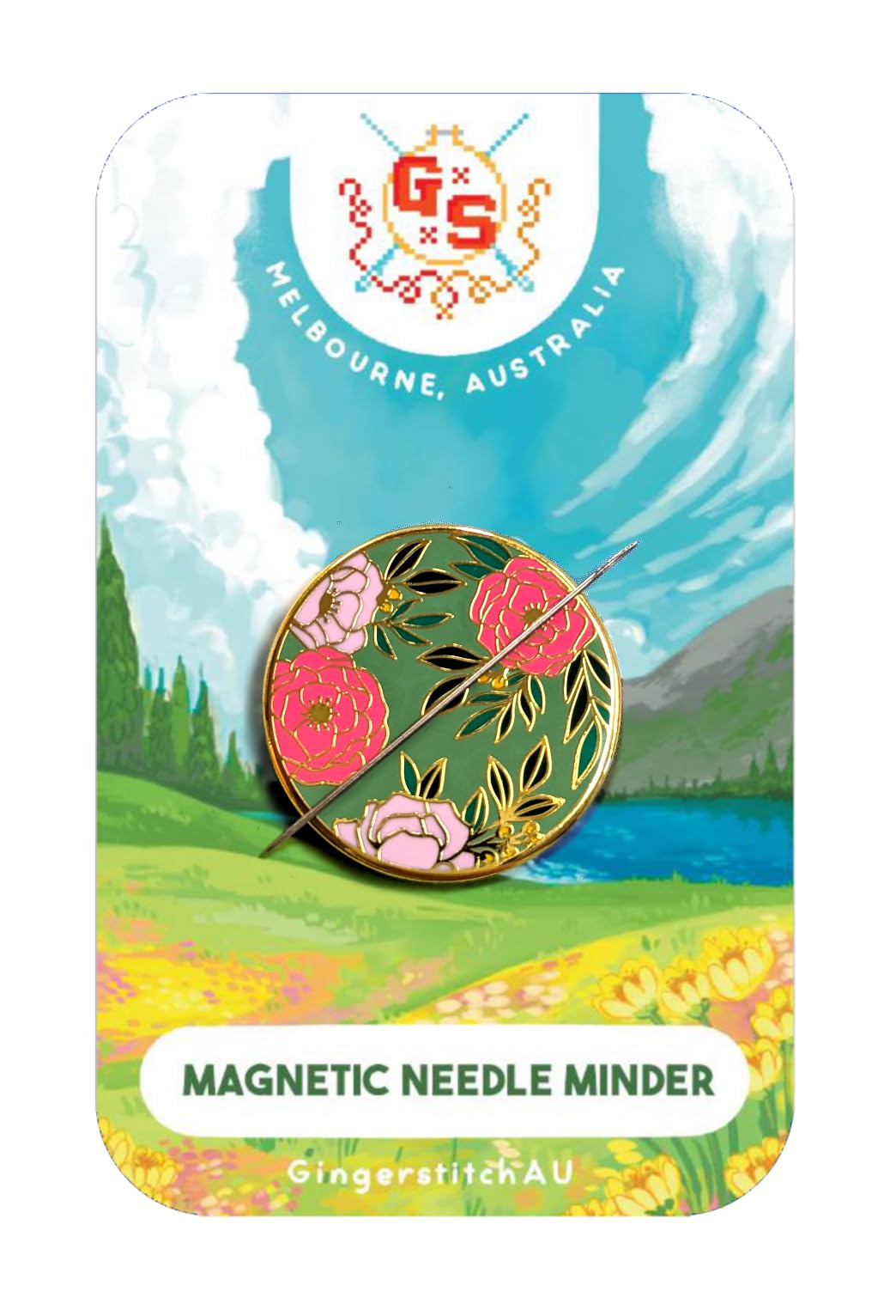 Field of Flowers Needle Minder on embroidery hoop with magnets