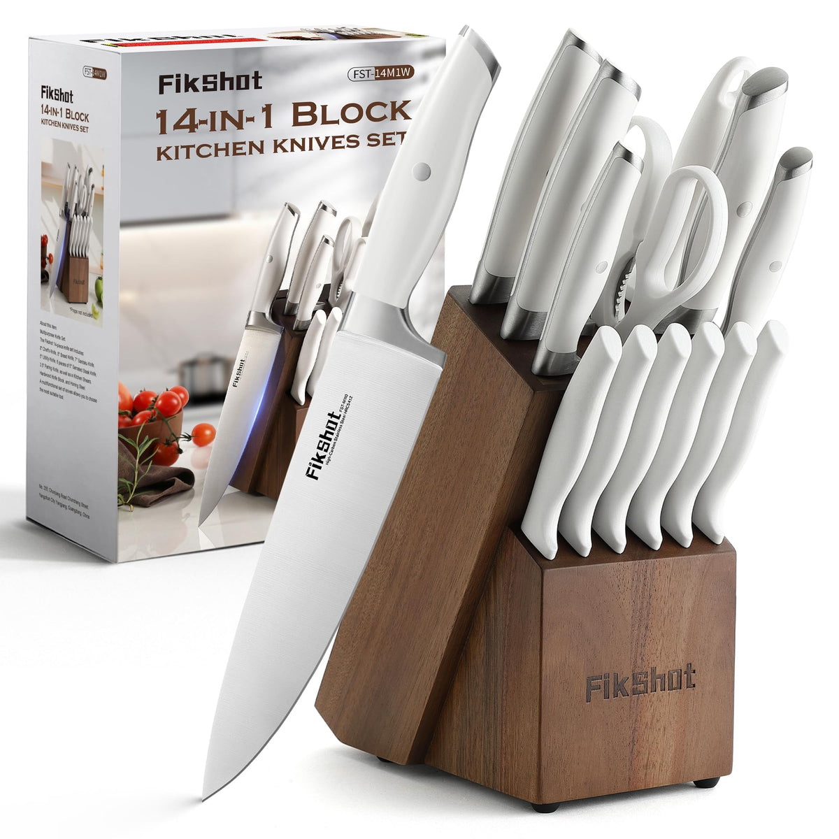 Fikshot 14-Piece Knife Set with wooden block and built-in sharpener