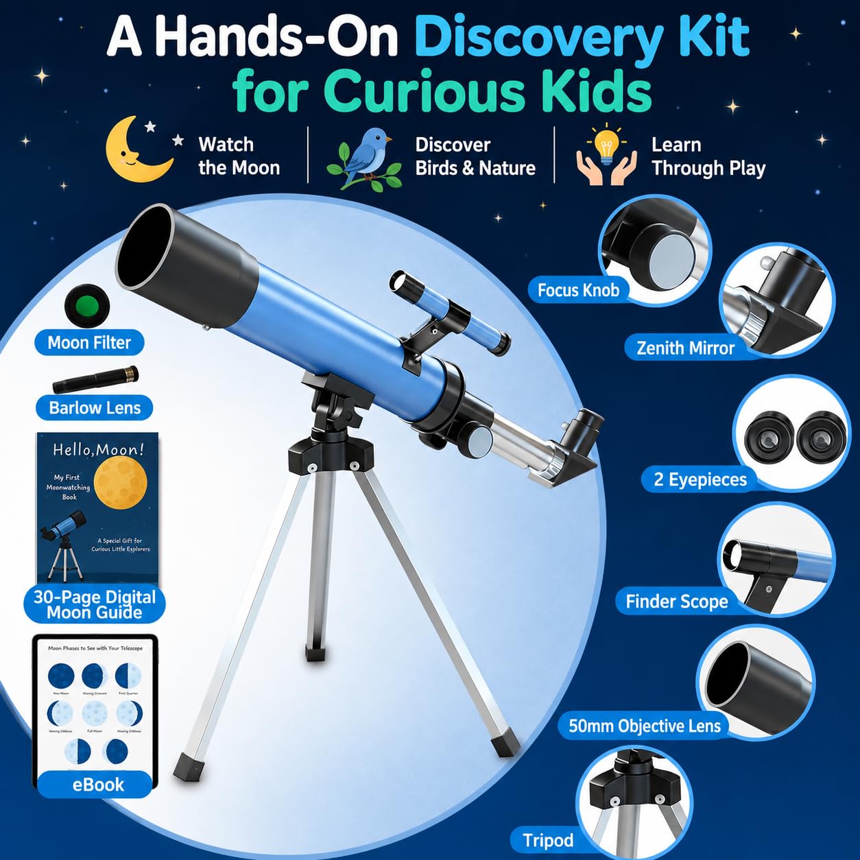 Finder scope and Barlow lens included with kids telescope