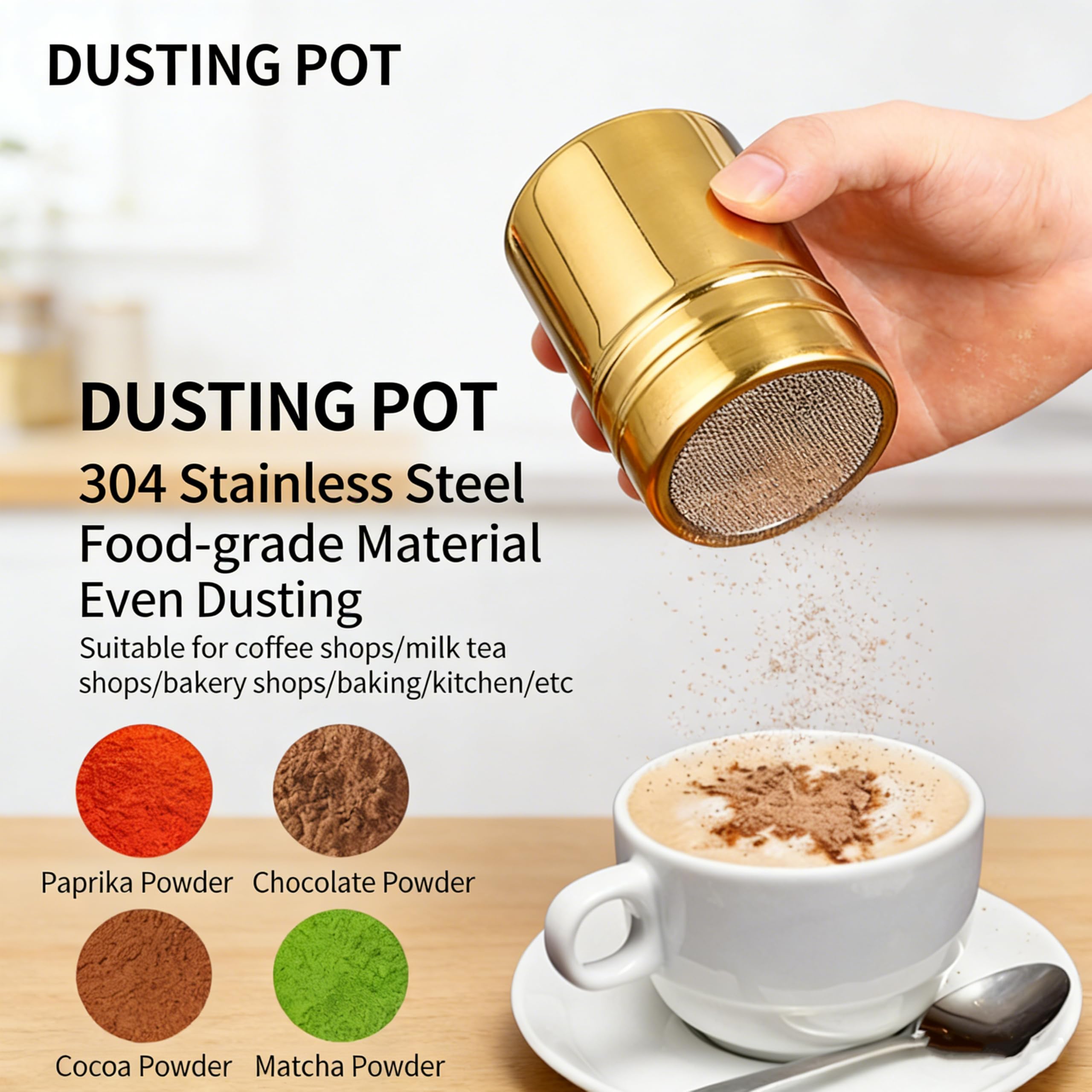 Fine mesh top sugar shaker for even sprinkling