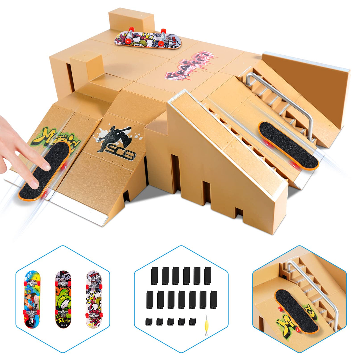 Fingerboard Skate Park Kit product image showing 8 ramps and 3 mini finger skateboards