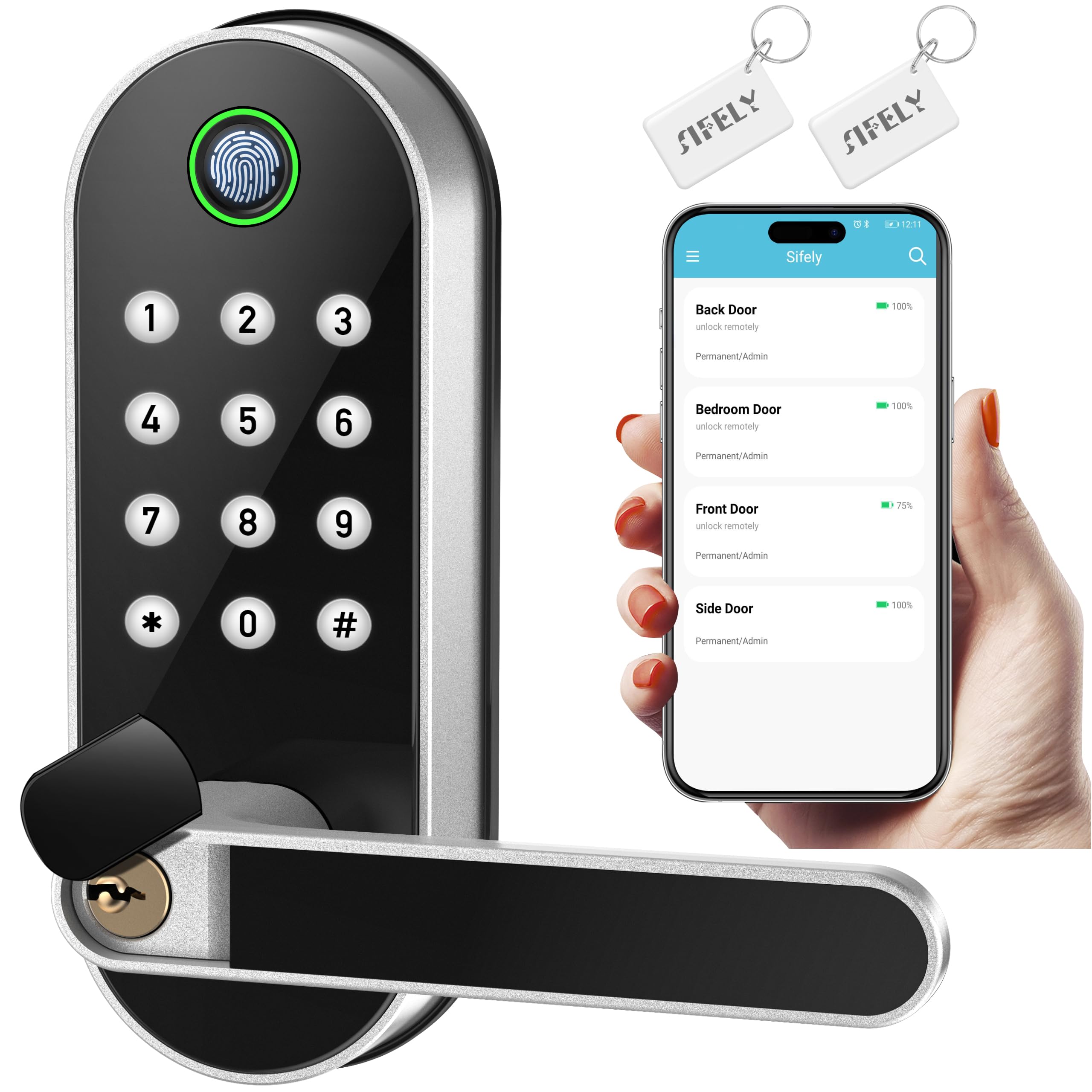Fingerprint door lock with handle and keypad