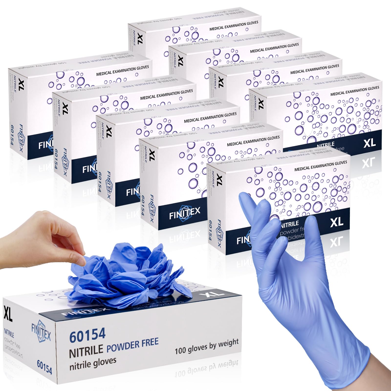 finitex ice blue nitrile exam gloves front view