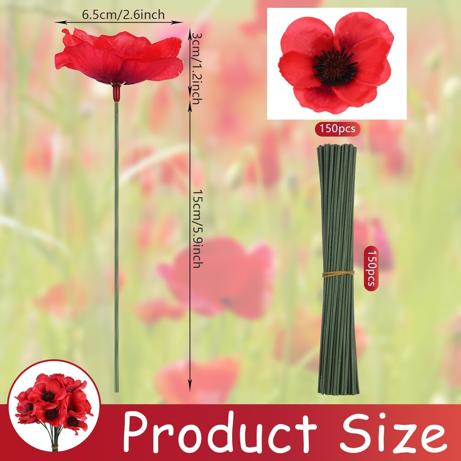 150 red poppy artificial flowers and 6 inch branches for DIY arrangements