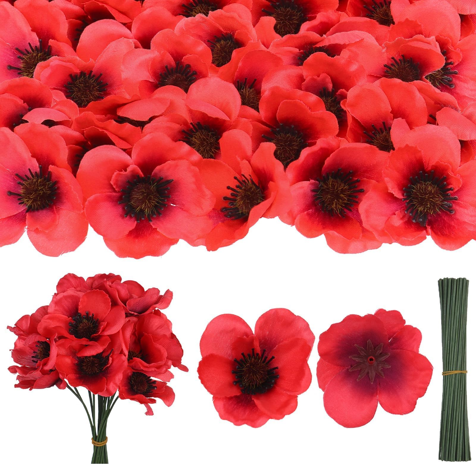 FIONUPI red poppy artificial flowers set of 150 with 6 inch branches for memorial decor