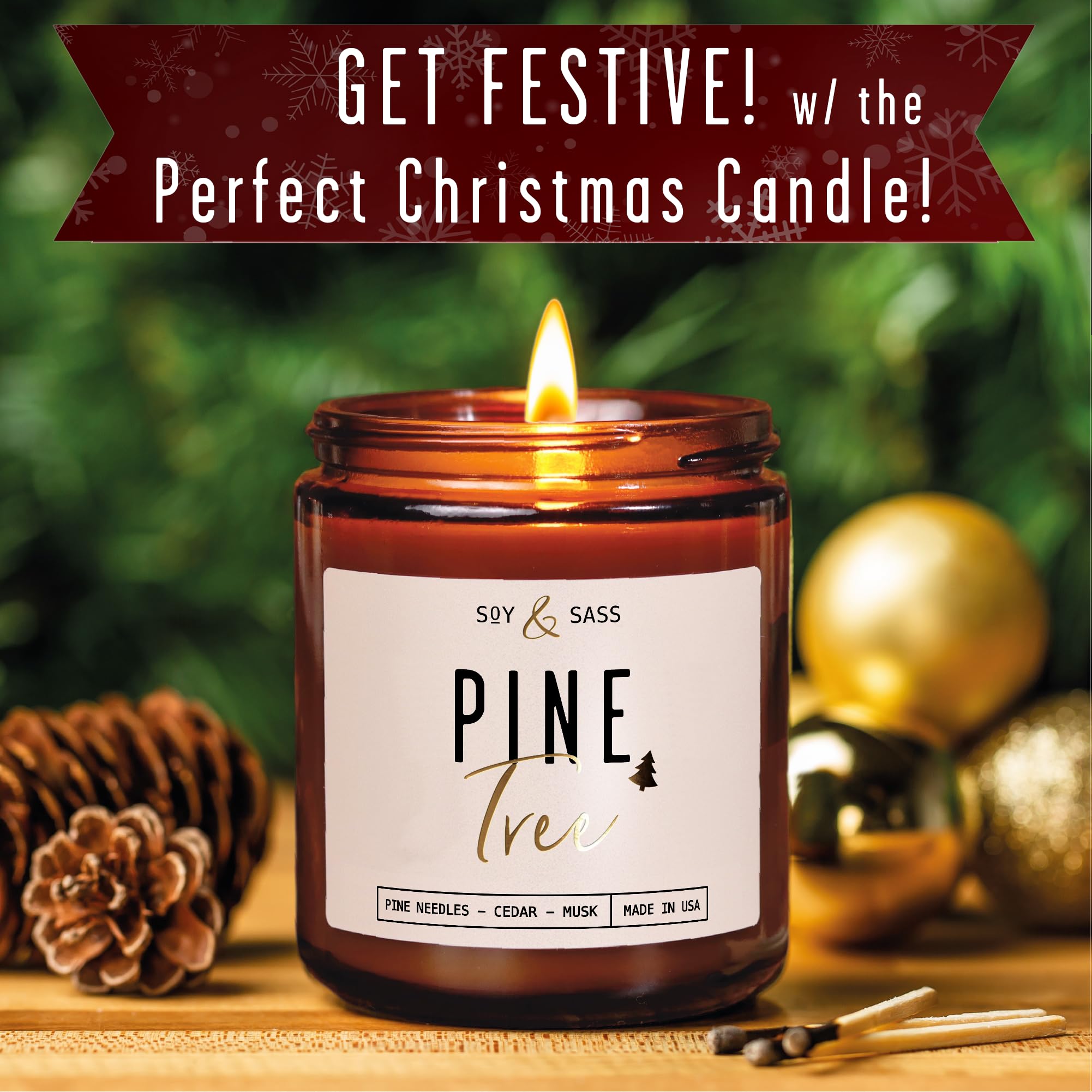 Gold foil lettering festive Pine Tree candle