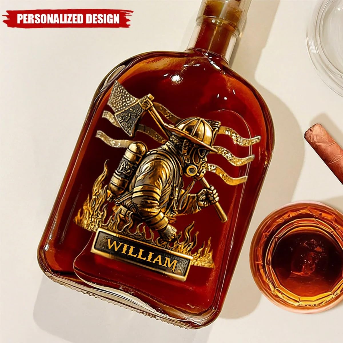 Firefighter dad gift whiskey decanter on display