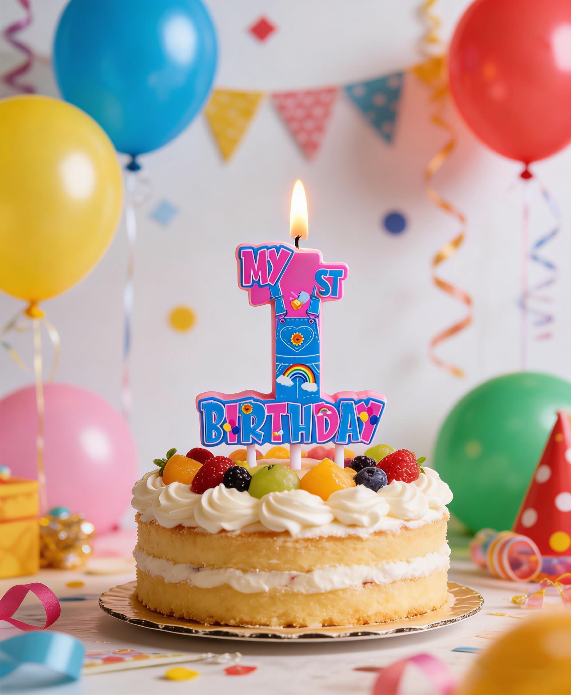 Rainbow design birthday candle with pre-attached stick