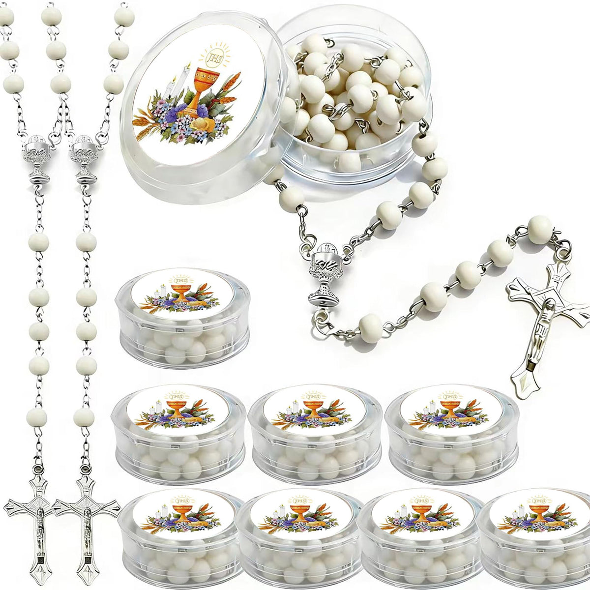 First Communion favor 12 PCS white scented wooden rosary
