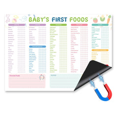 First Foods Tracker Fridge Magnet used as a baby feeding chart on a fridge