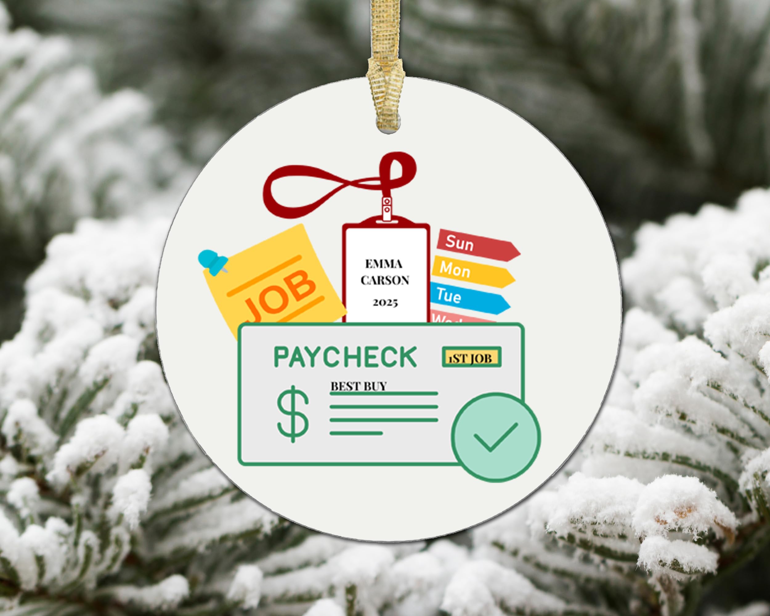 First Job Paycheck lanyard ornament with red lanyard and hanger