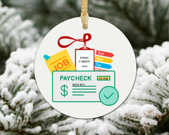 First Job Paycheck lanyard ornament with red lanyard and hanger