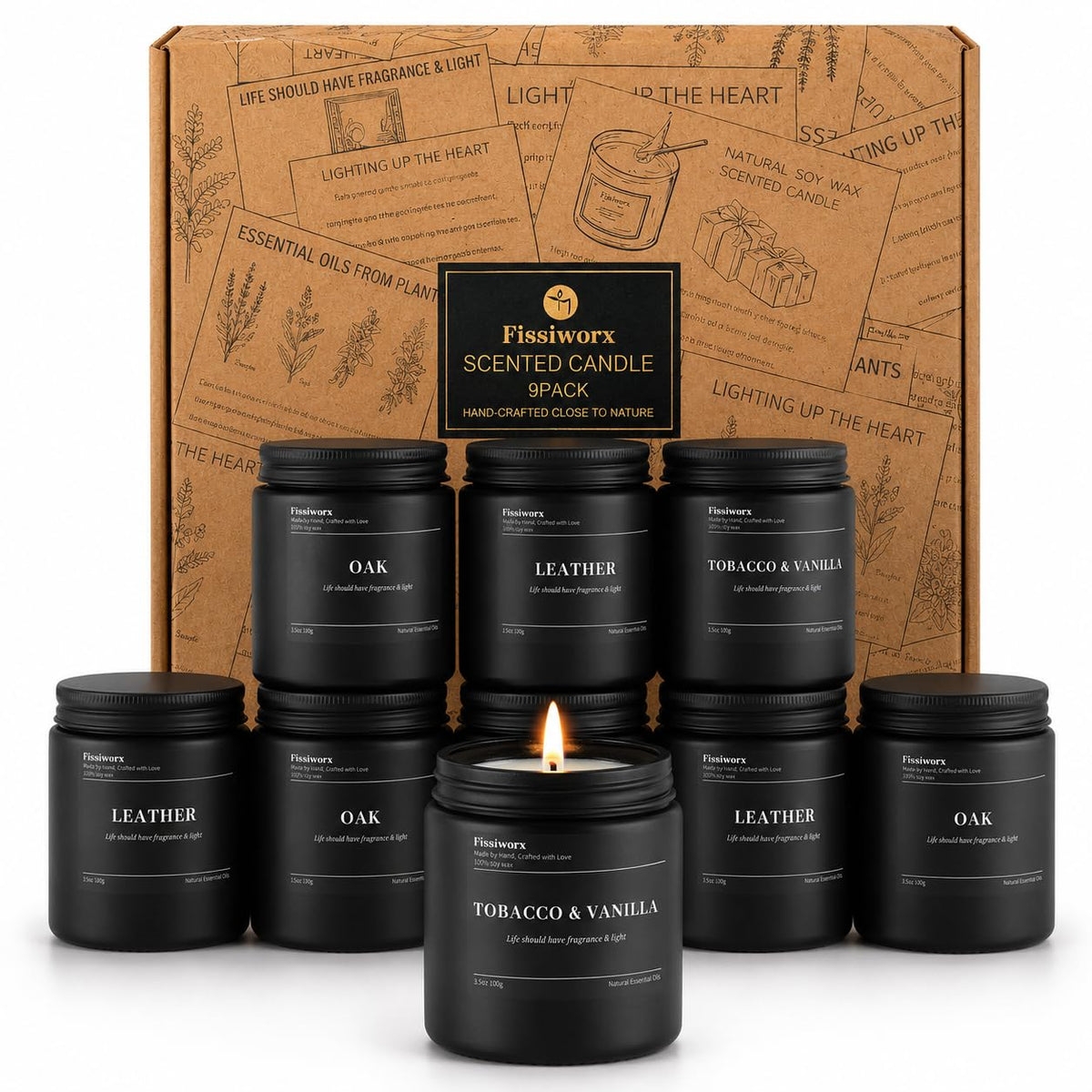FISSIWORX 9 Pack Scented Candles Set vanilla in black jars