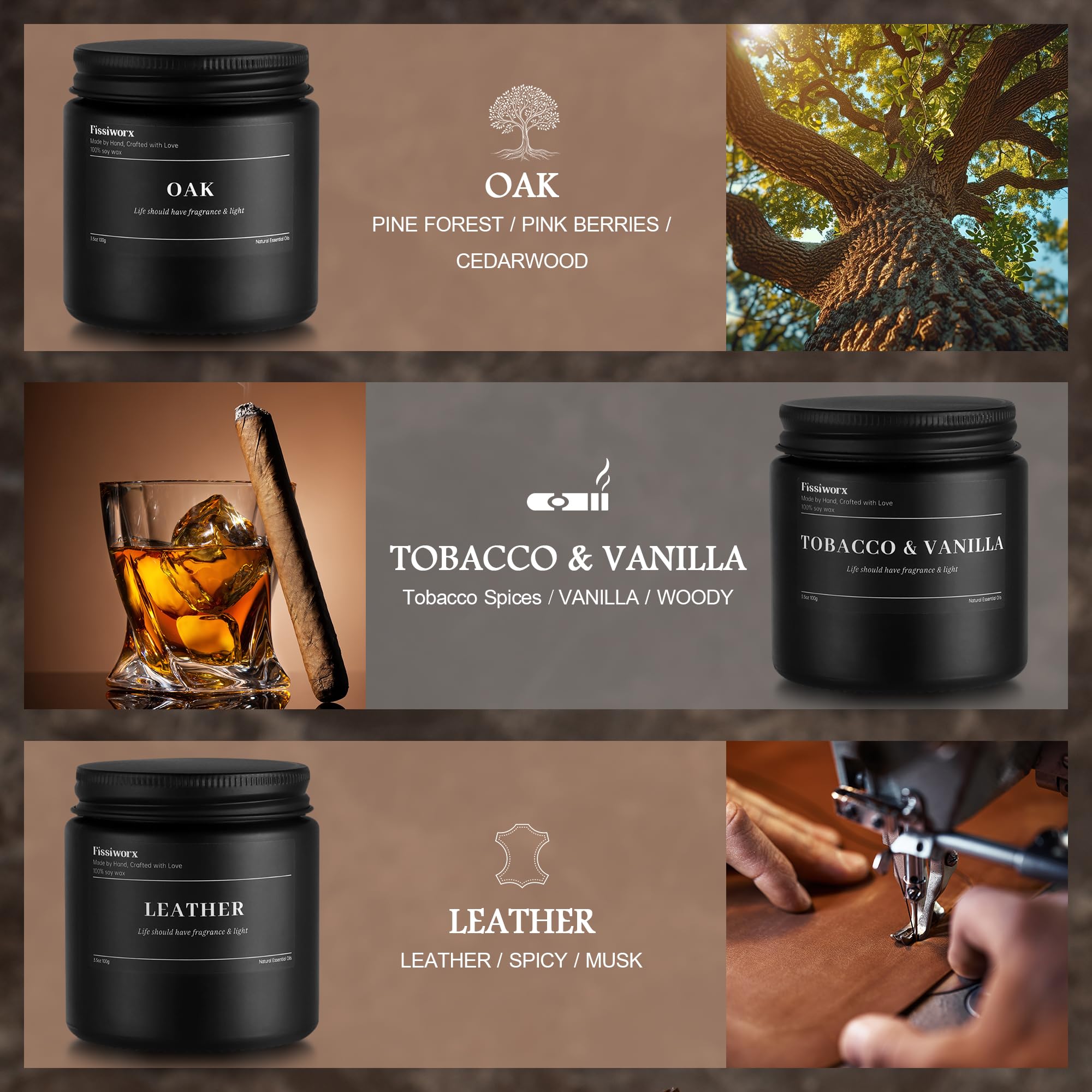 FISSIWORX 9 Pack Scented Candles Set oak in black jars
