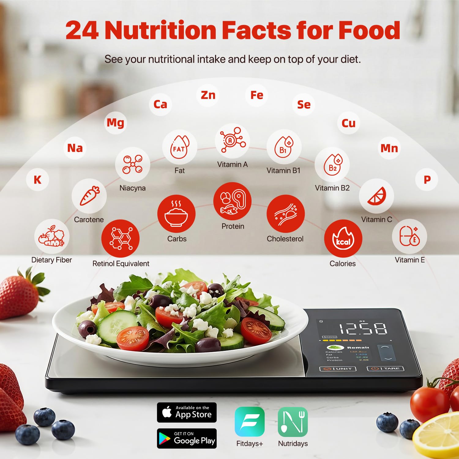Clear color TFT display shows weight calories protein carbs and fat