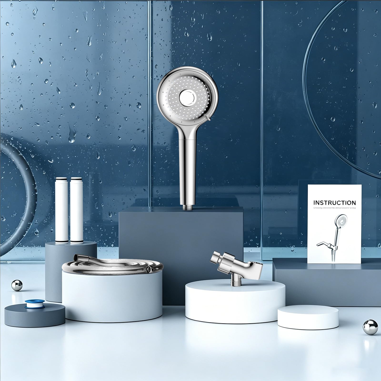 Fitespot shower head anti-clog nozzles brass hose close up