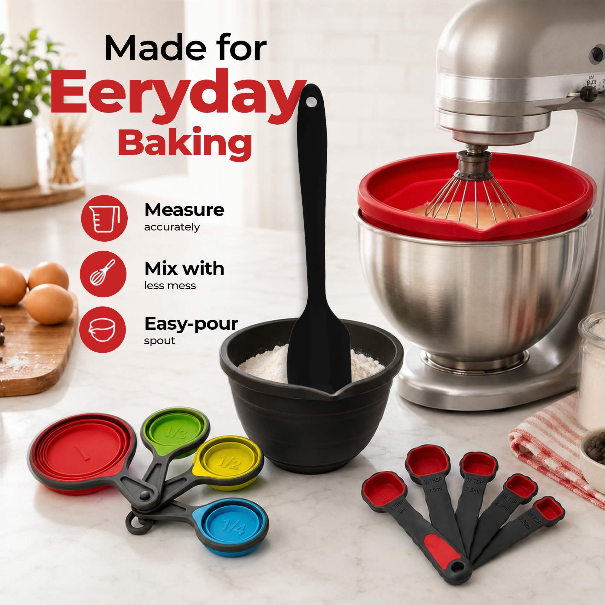 Black spatula with color coded collapsible measuring cups
