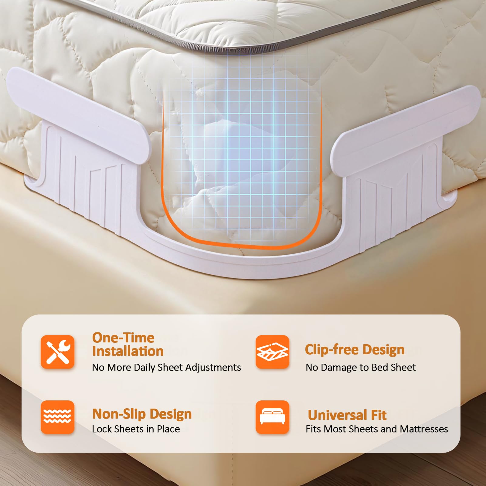 Fitted sheet holder locks at mattress corner