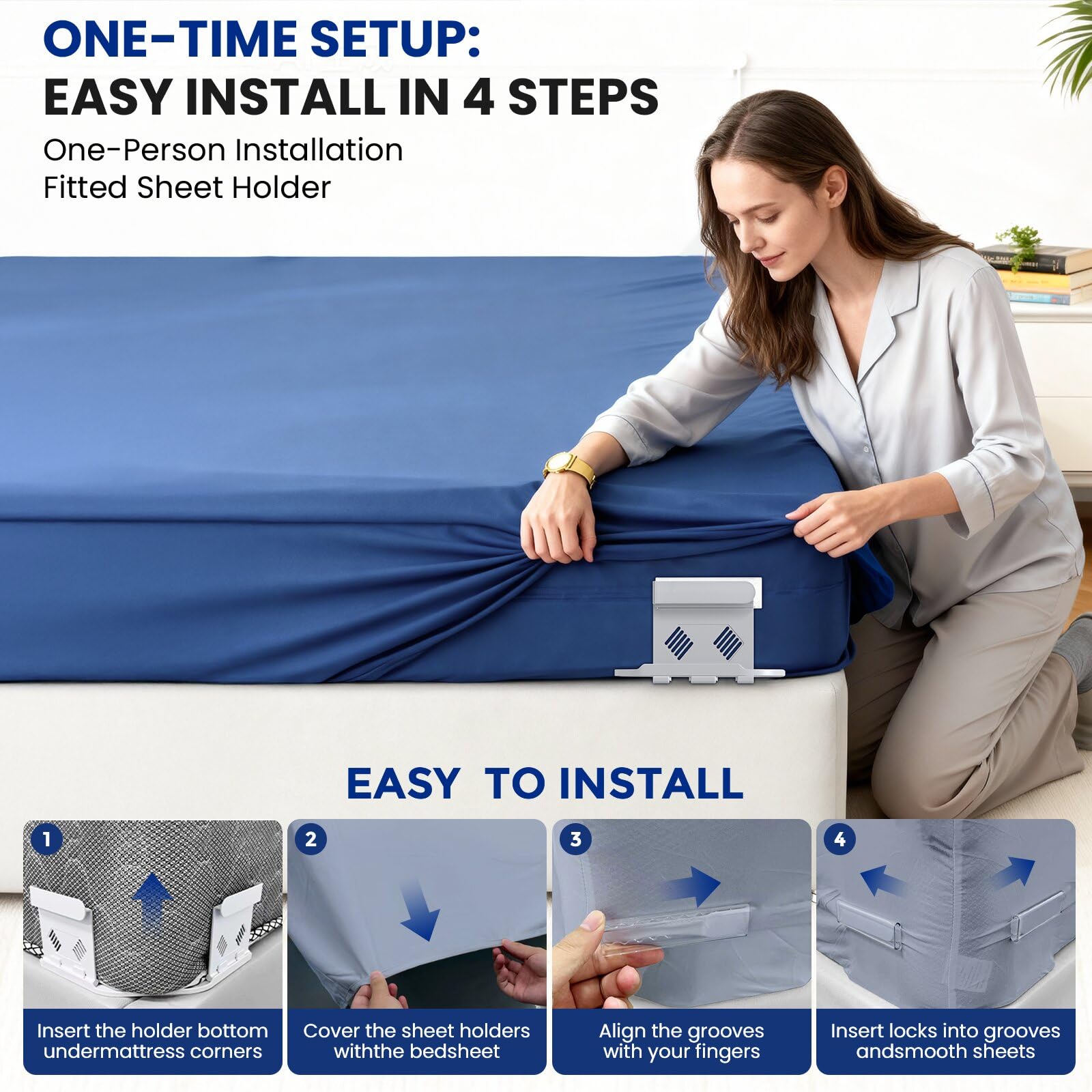 Fitted sheet holders corners securing sheets on bedding