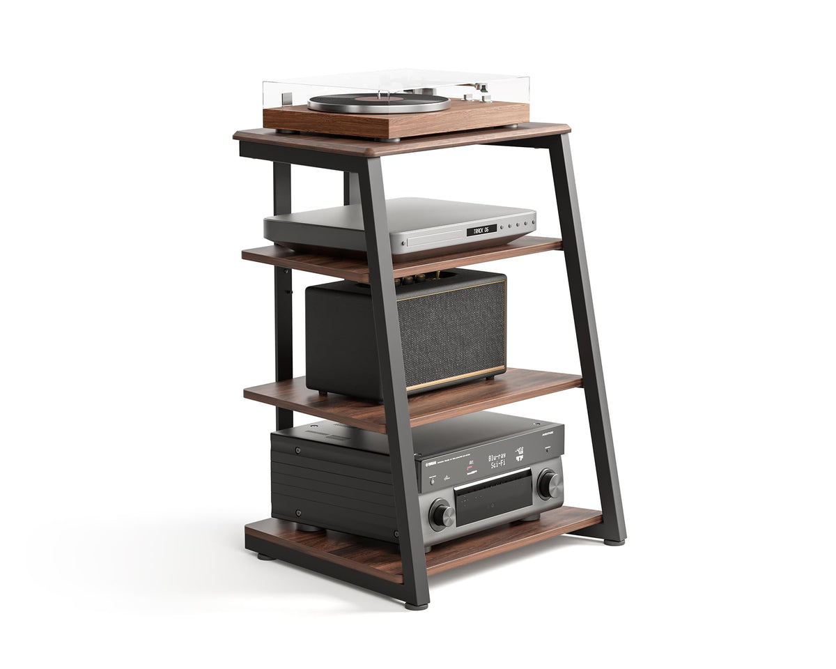 FITUEYES 4-Tier AV Media Stand Corner Shelf Walnut front view