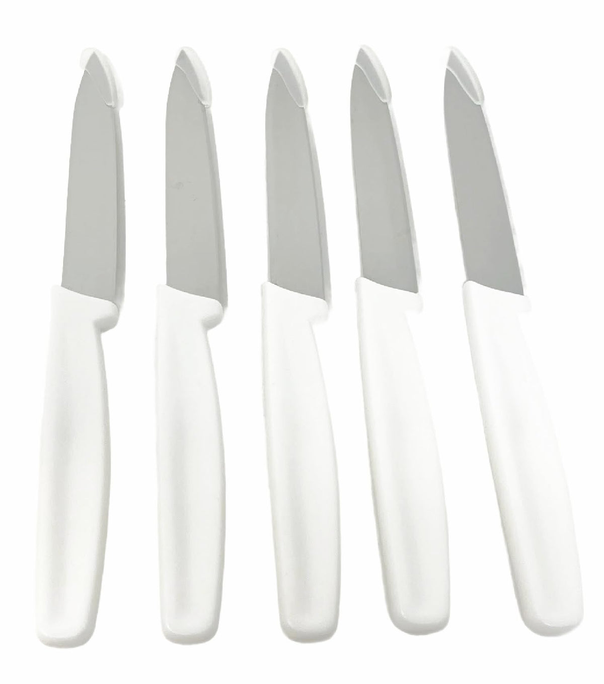 Five pack 4 inch paring knives with white handles for commercial kitchens
