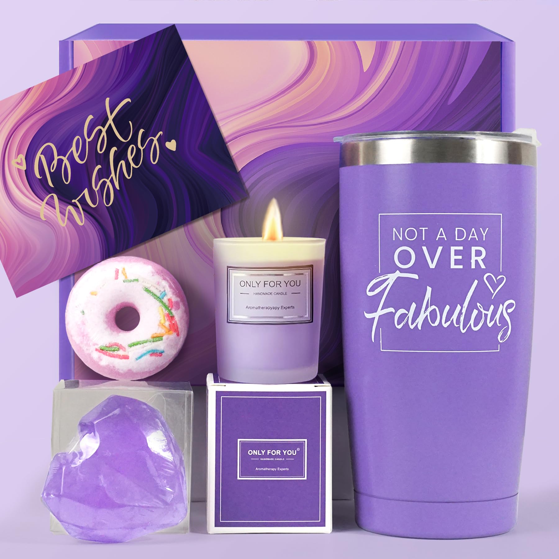 Five piece lavender relaxation gift basket with tumbler and candle