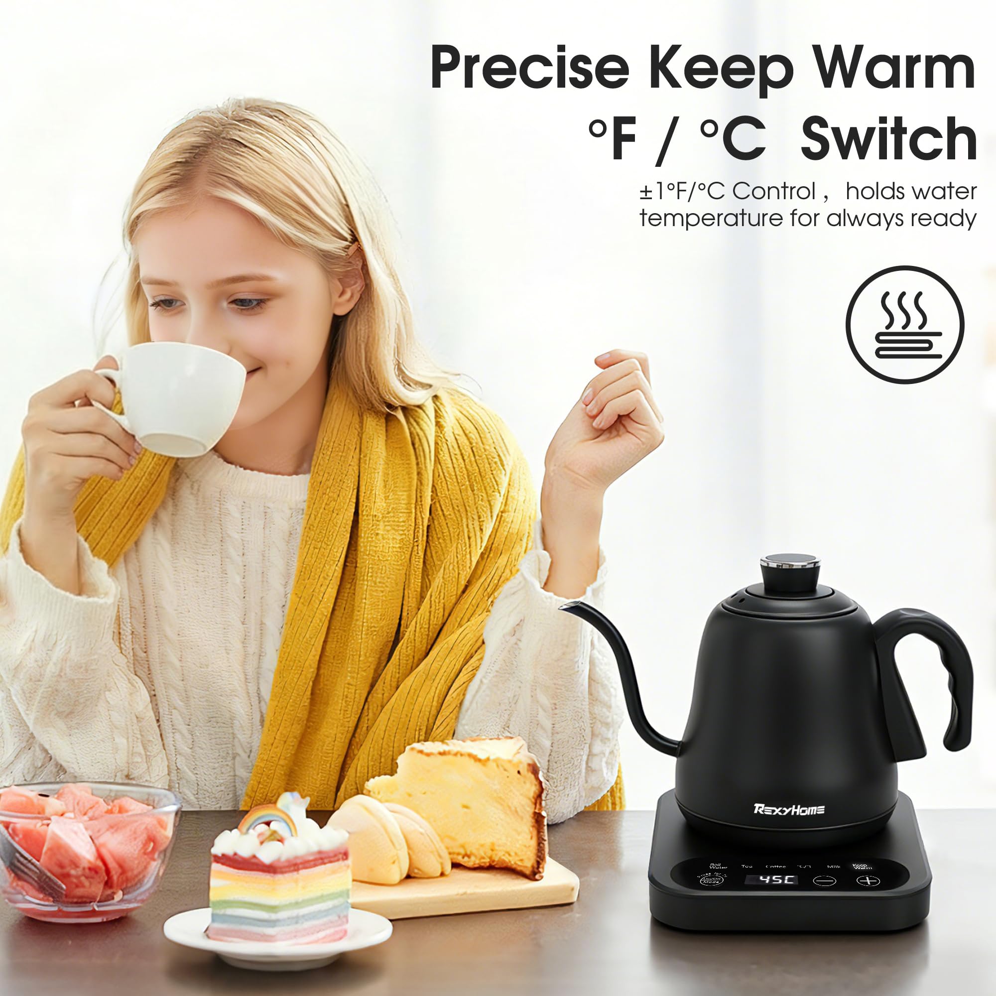 Kettle with five presets and Fahrenheit Celsius switch