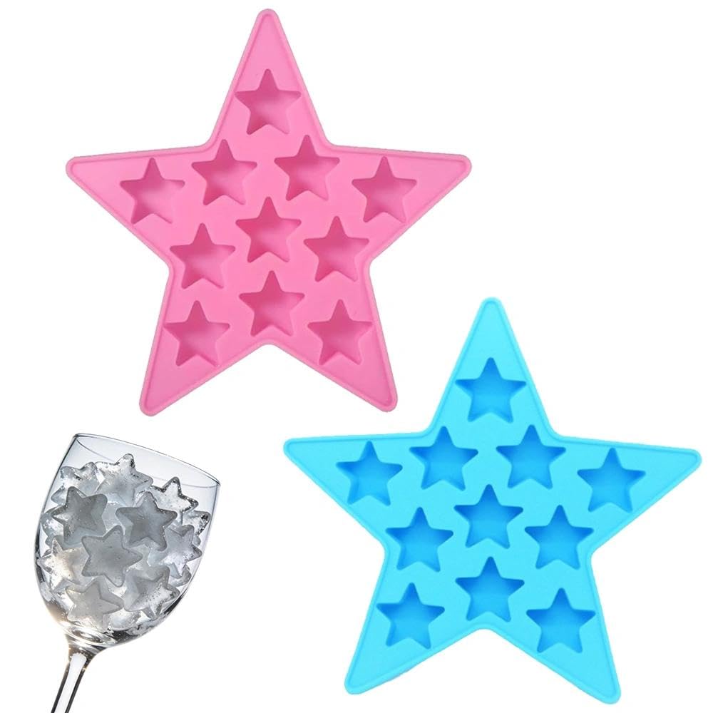 Two star shaped silicone ice trays in blue and pink