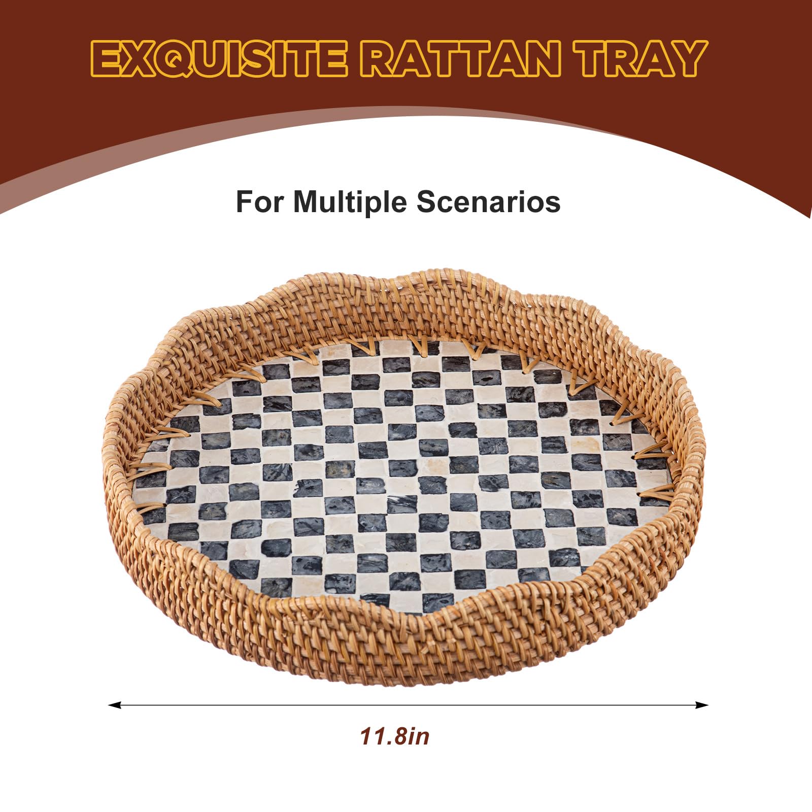 Round rattan tray showing checkered pattern and lacquer finish