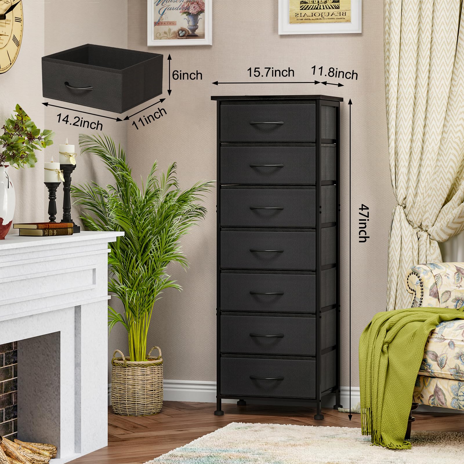 Slim tall dresser in black with fabric drawers for storage
