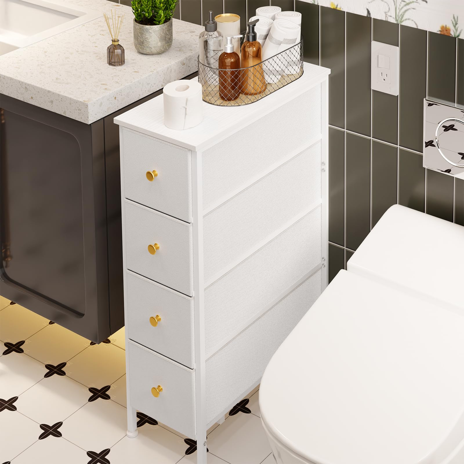 Slim dresser with four fabric drawers in white