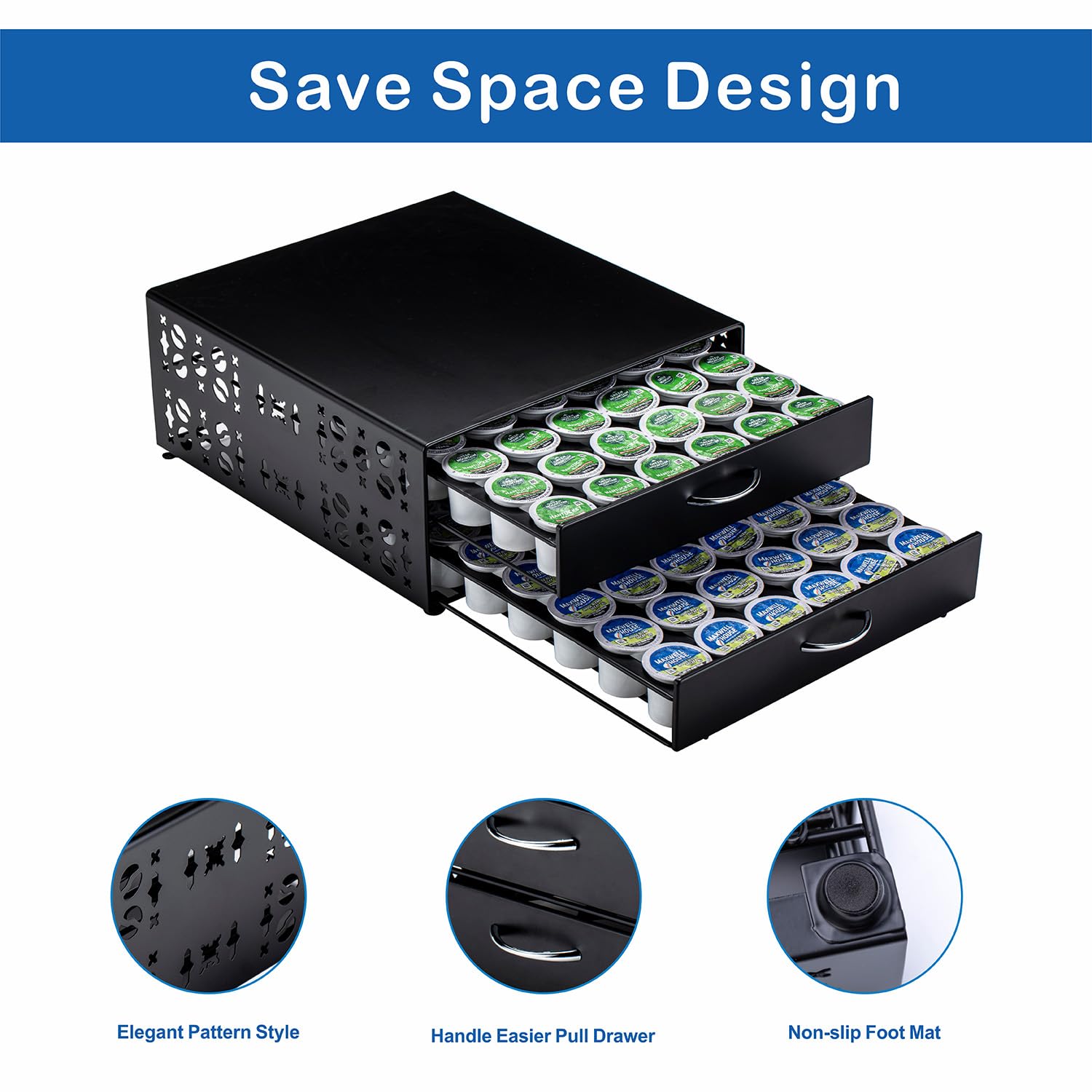Top surface of FlagShip K Cup Organizer Drawer with mugs and accessories
