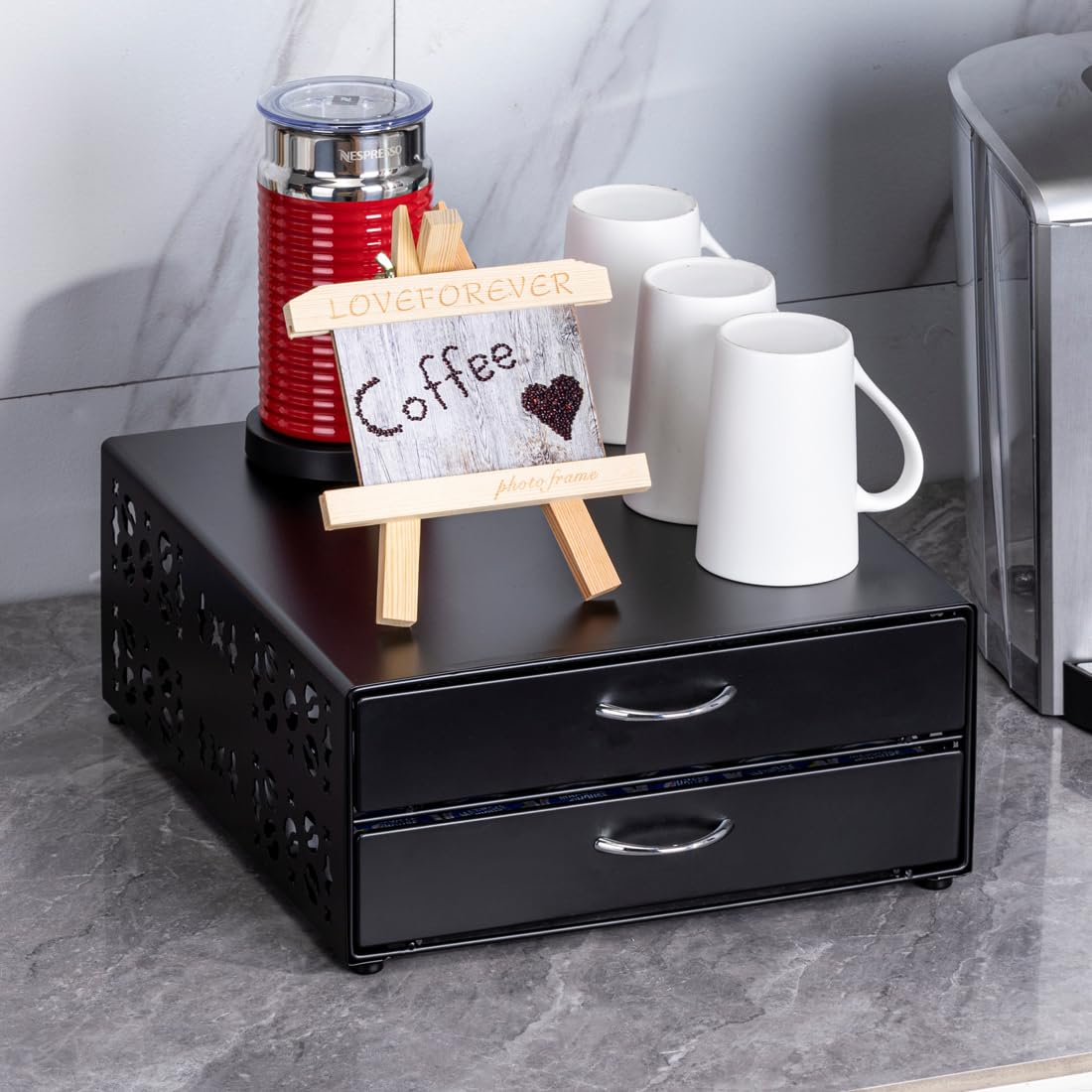 Dimensions of FlagShip K Cup Organizer Drawer 13.2 in W x 15.6 in L x 6.1 in H