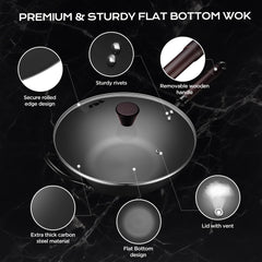 Flat bottom carbon steel wok compatible with induction