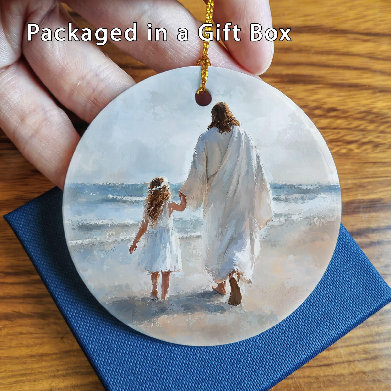 Flat ceramic baptism ornament with double-sided printing 3 inches
