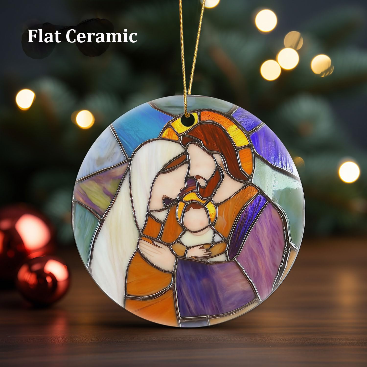 Stained glass inspired design on nativity ornament