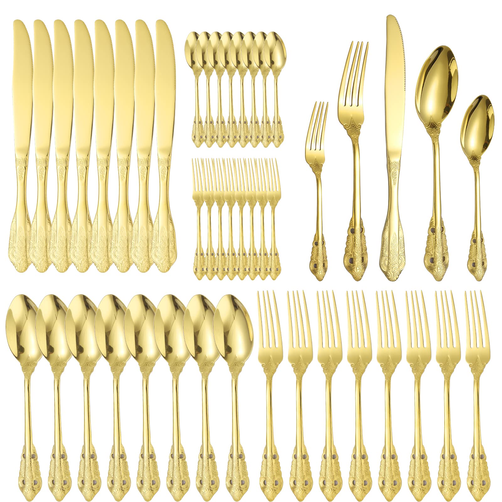 Flatware for eight people with knives forks spoons and teaspoons