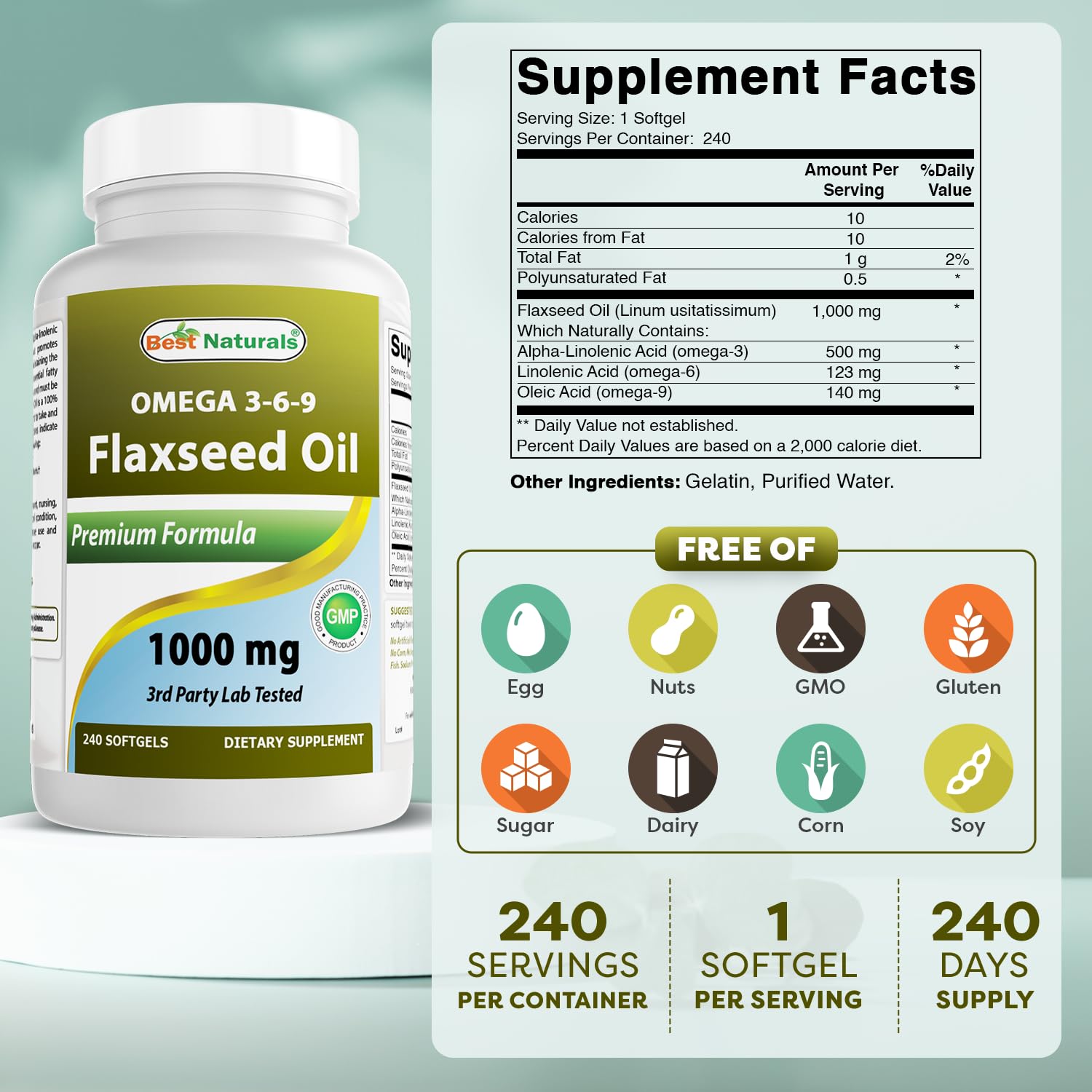 Flaxseed Oil 1000 mg softgel label close up
