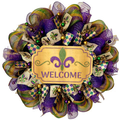 Fleur de Lis Welcome Wreath 24 inch deco mesh display