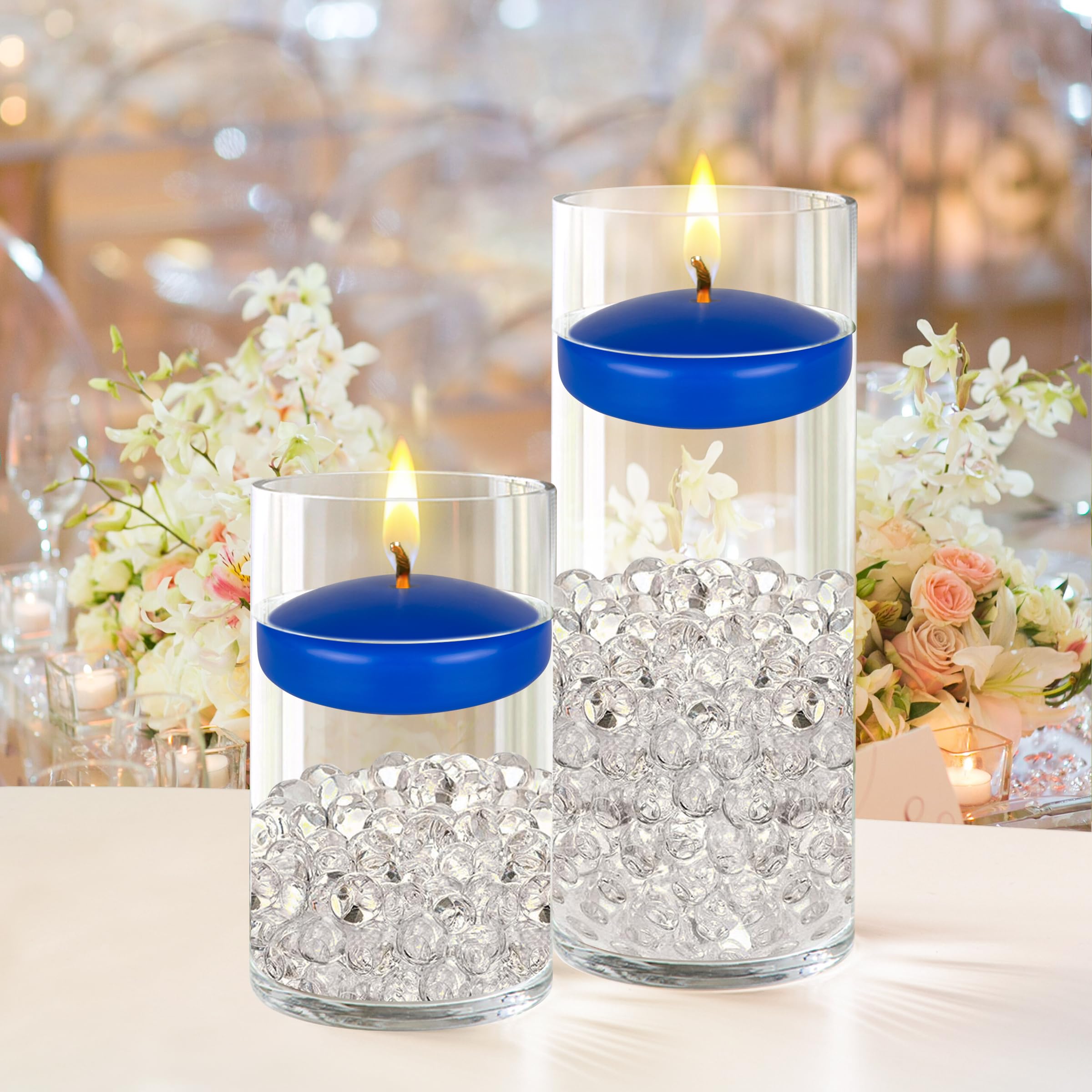 Centerpiece display with dark blue floating candles