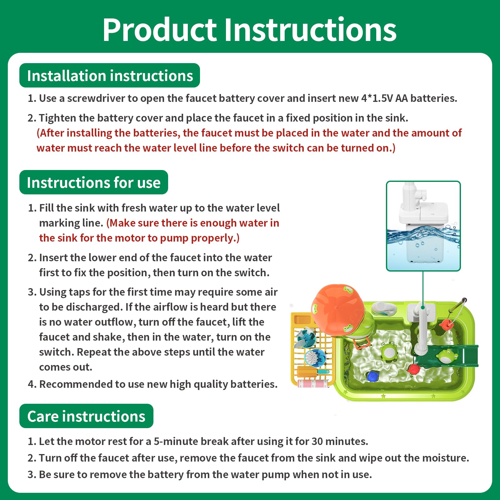Dishwasher toy sink showing battery power option