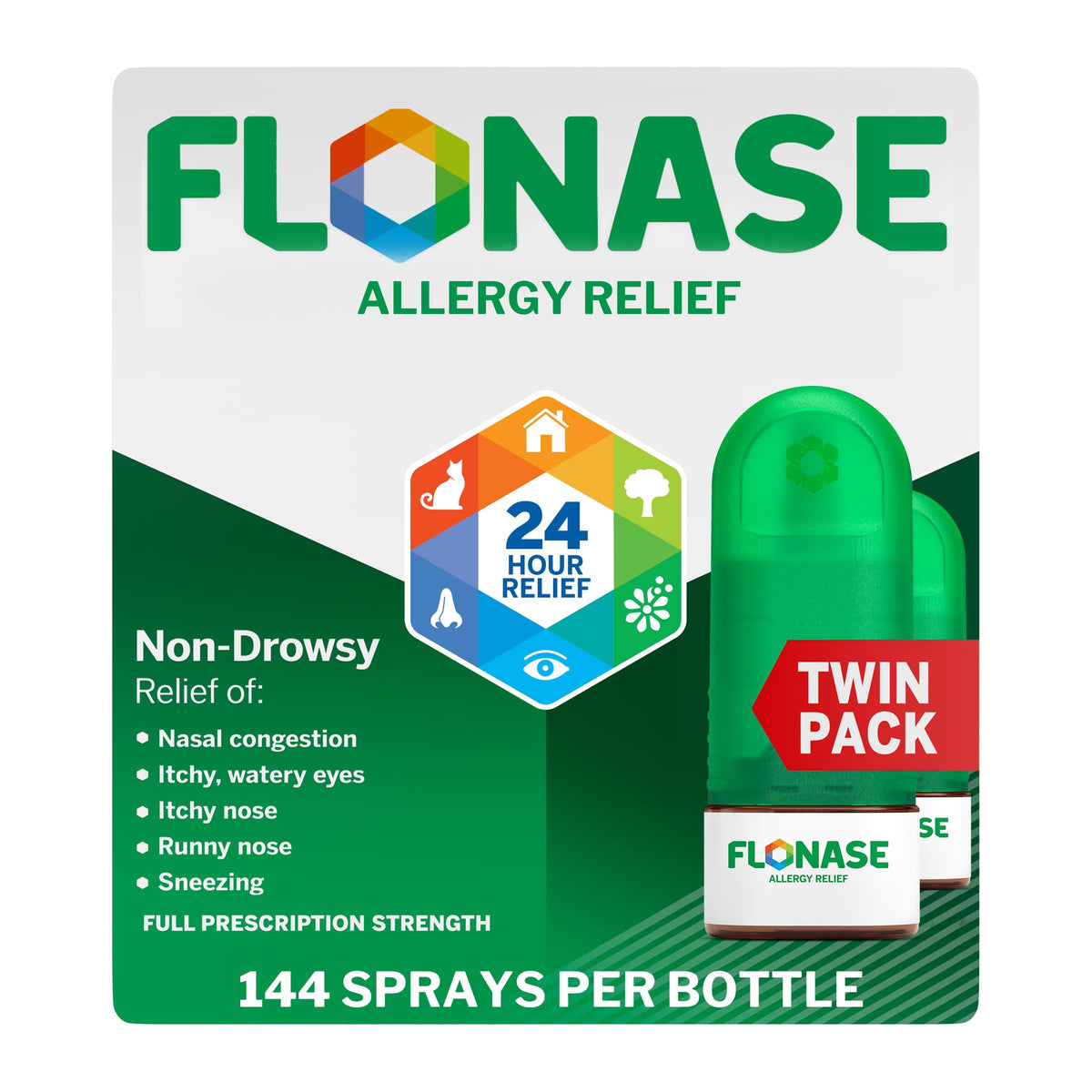 Flonase allergy relief nasal spray two bottles 144 sprays each packaging