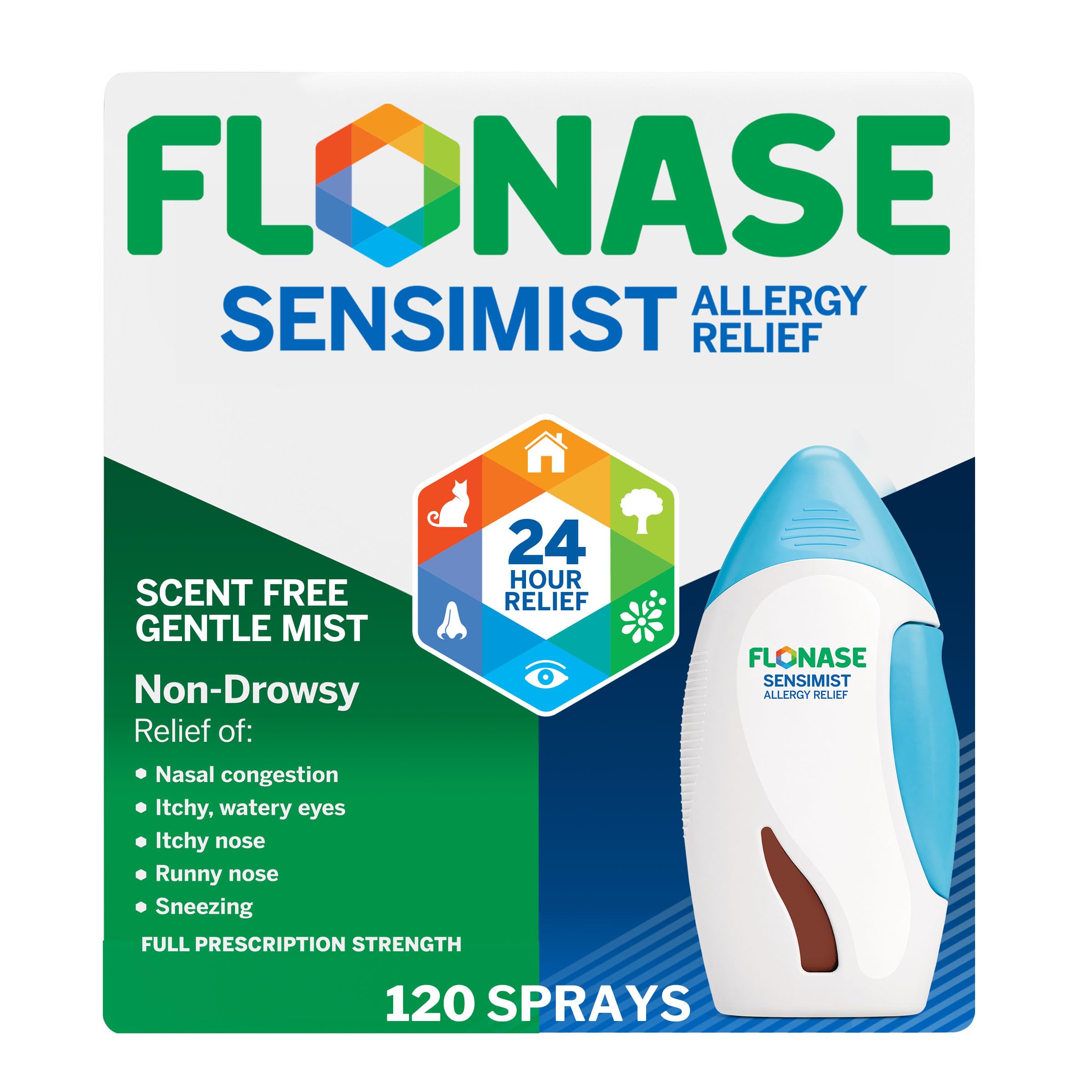 Flonase Sensimist allergy relief packaging with spray bottle