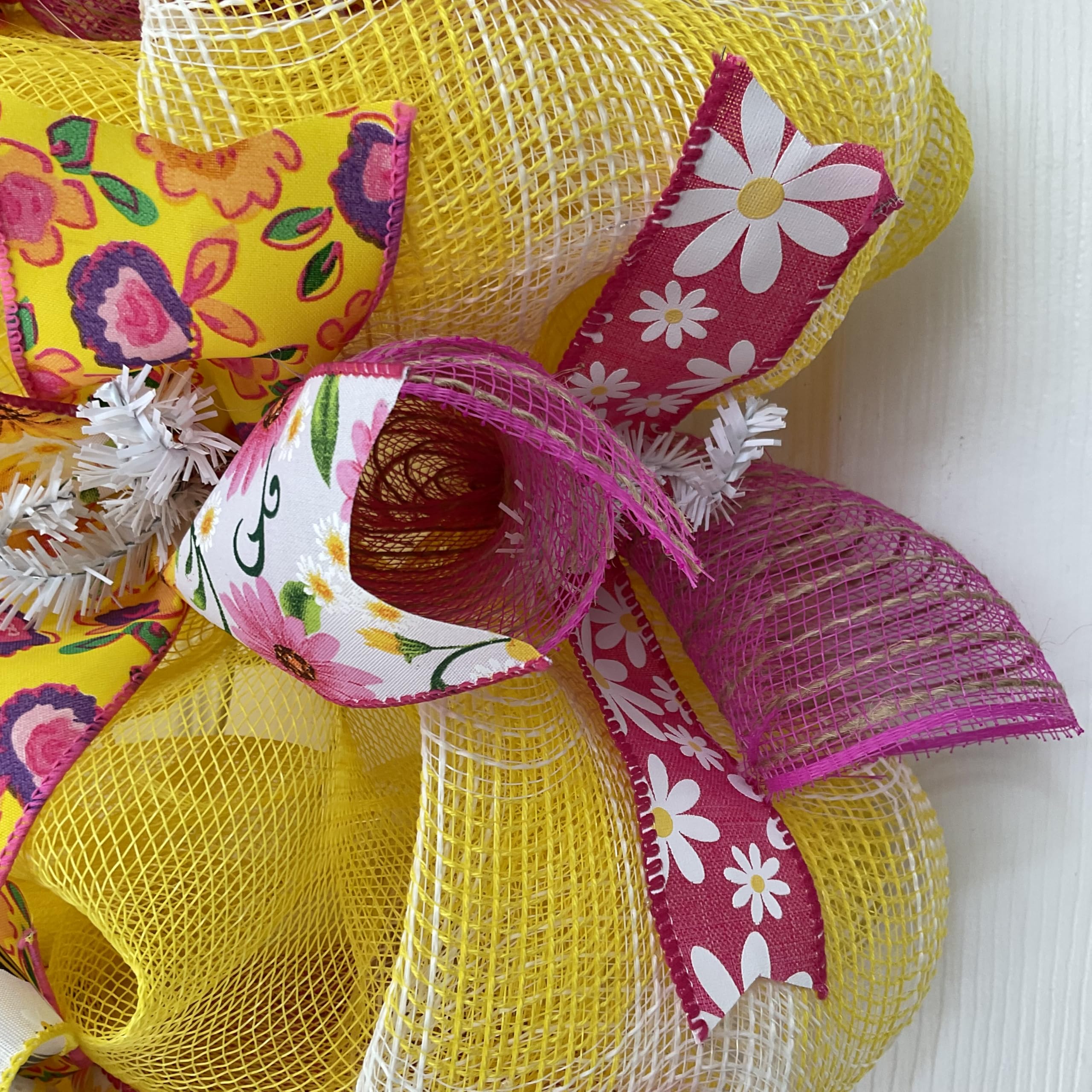 Floral Pink and Yellow wreath deco mesh ribbons front door 24 inch